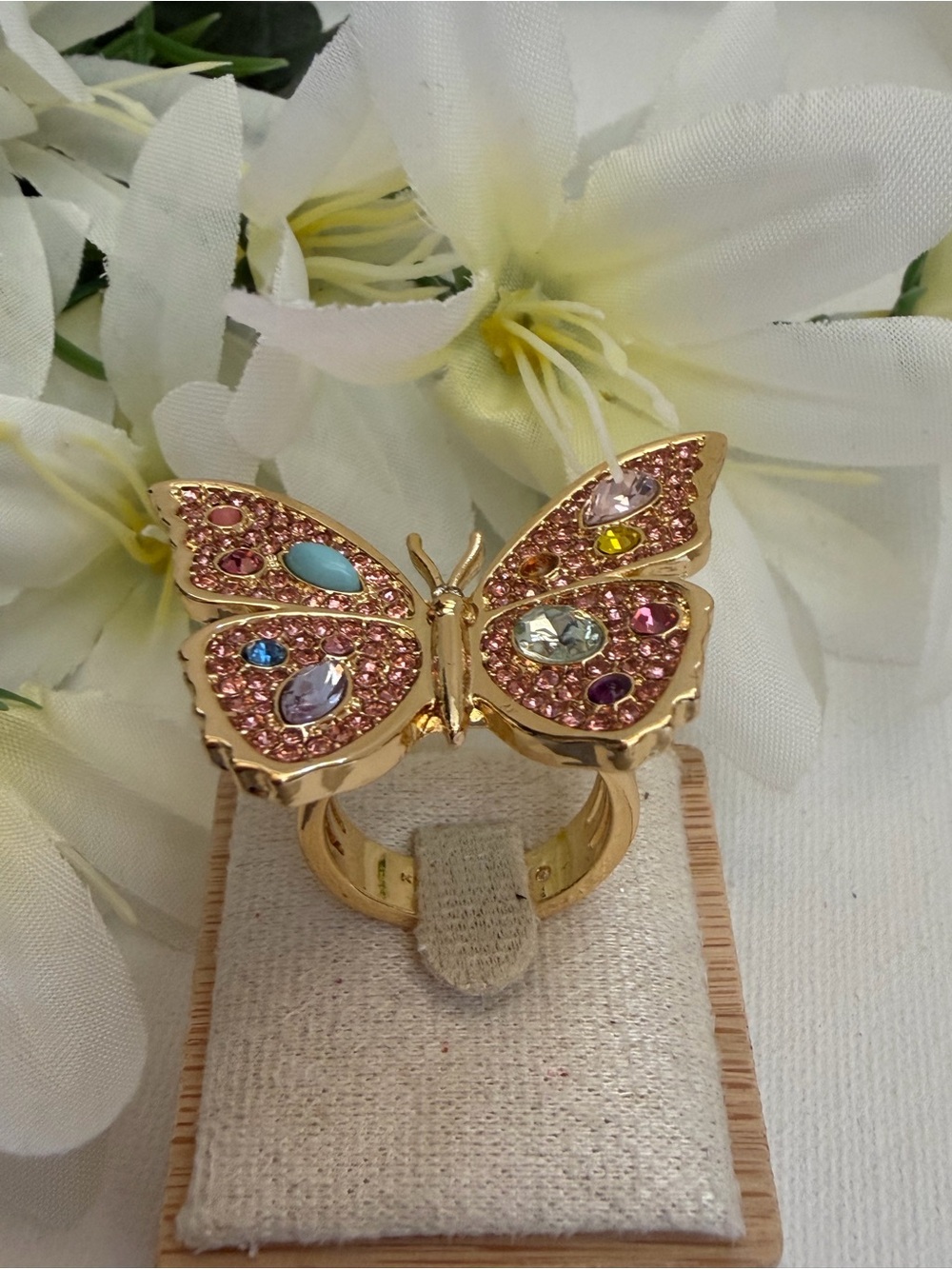 Kurt Geiger Gold Butterfly Large Ring with Pink and Blue Accents Sz 8 New